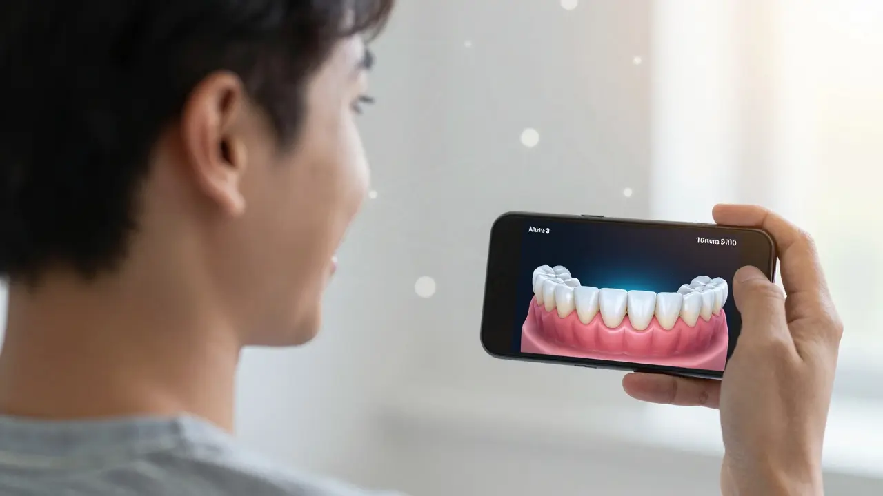 Patient viewing a 3D simulation of their teeth straightening on a smartphone screen.