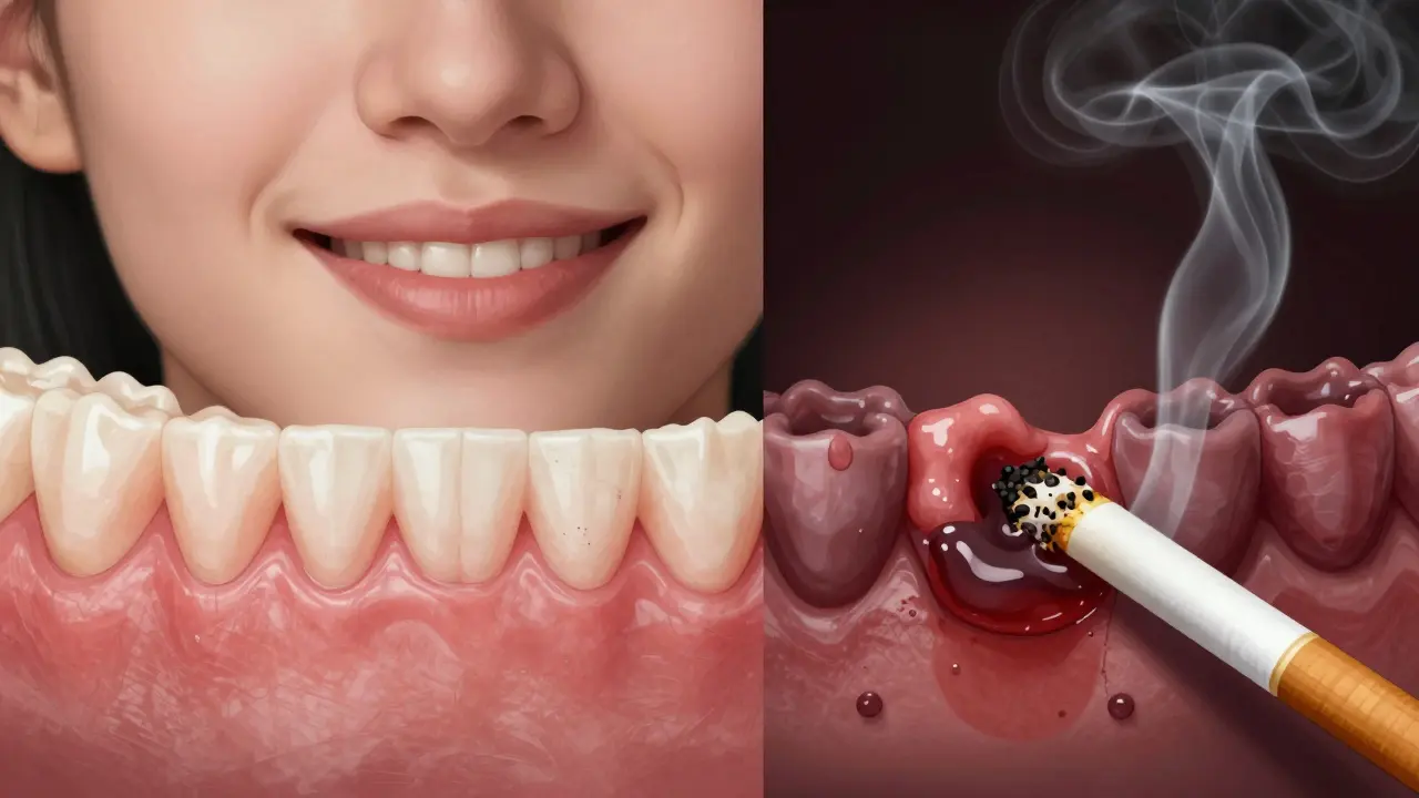 Porovnání zdravého hojení a infekce po kyretáži zubů.