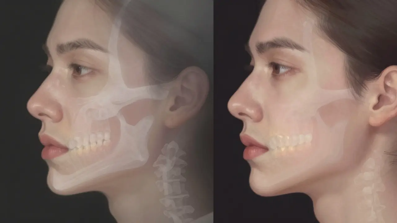 Před a po operaci: vyrovnání čelisti zlepšuje tvar obličeje a funkci kousání.