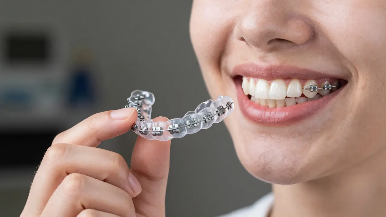 Průhledné a kovové rovnátka vedle sebe s přechodem od špatného k ideálnímu uspořádání zubů