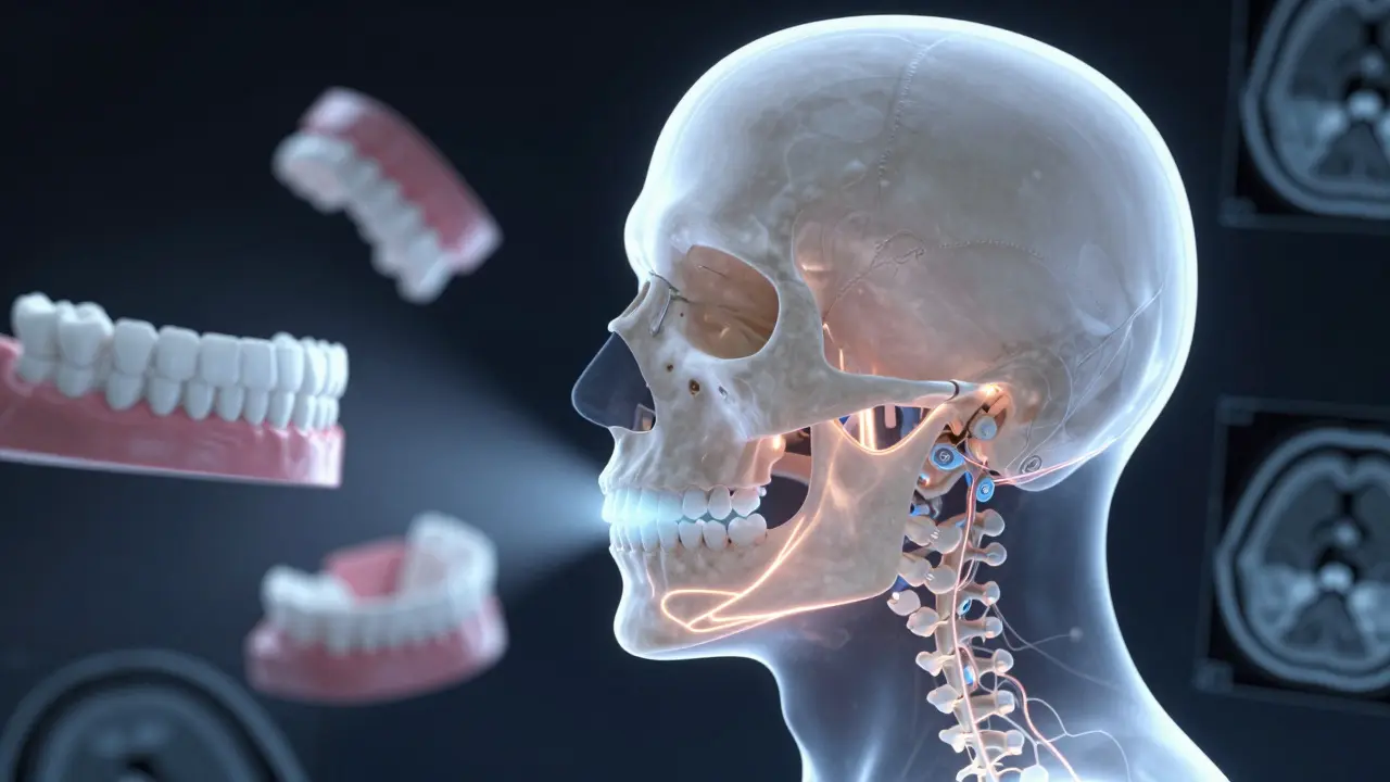 Průhledný lebka s přesunutou dolní čelistí, která otevírá dýchací cesty.