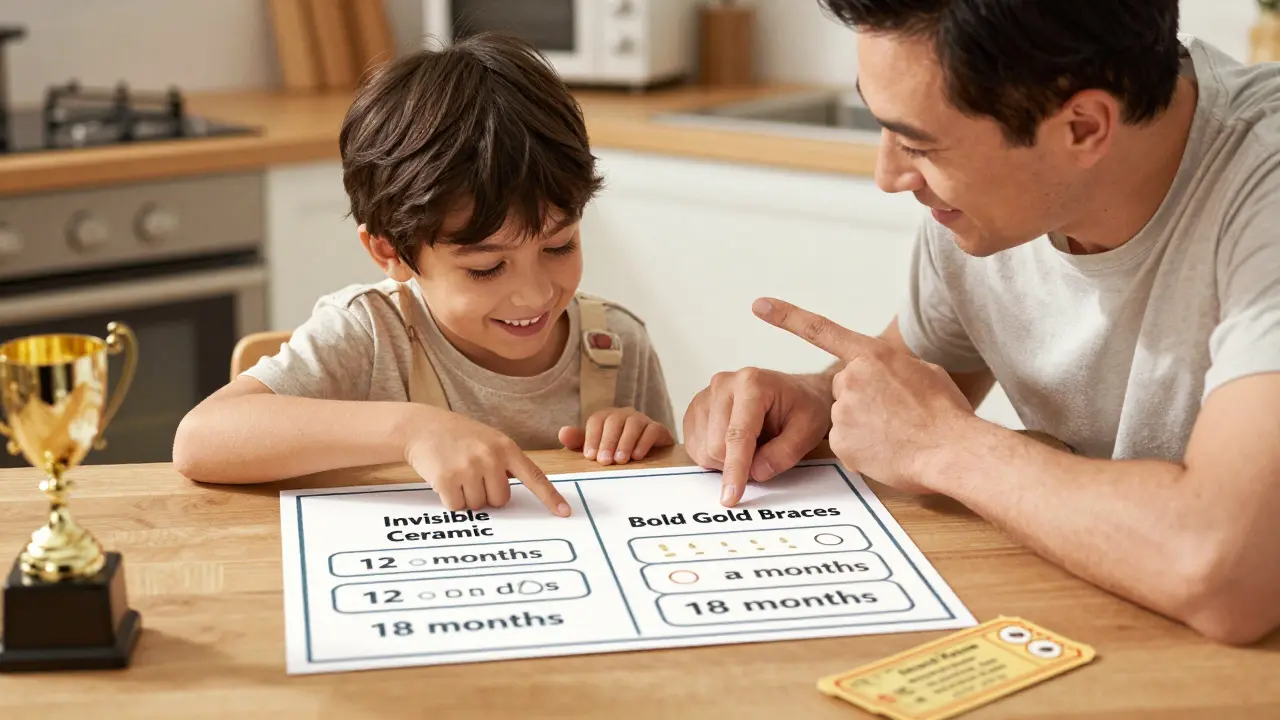 Rodič a dítě vybírají mezi možnostmi keramických a zlatých rovnátek na menu, zatímco vedle nich leží odměny jako lístek do kina.