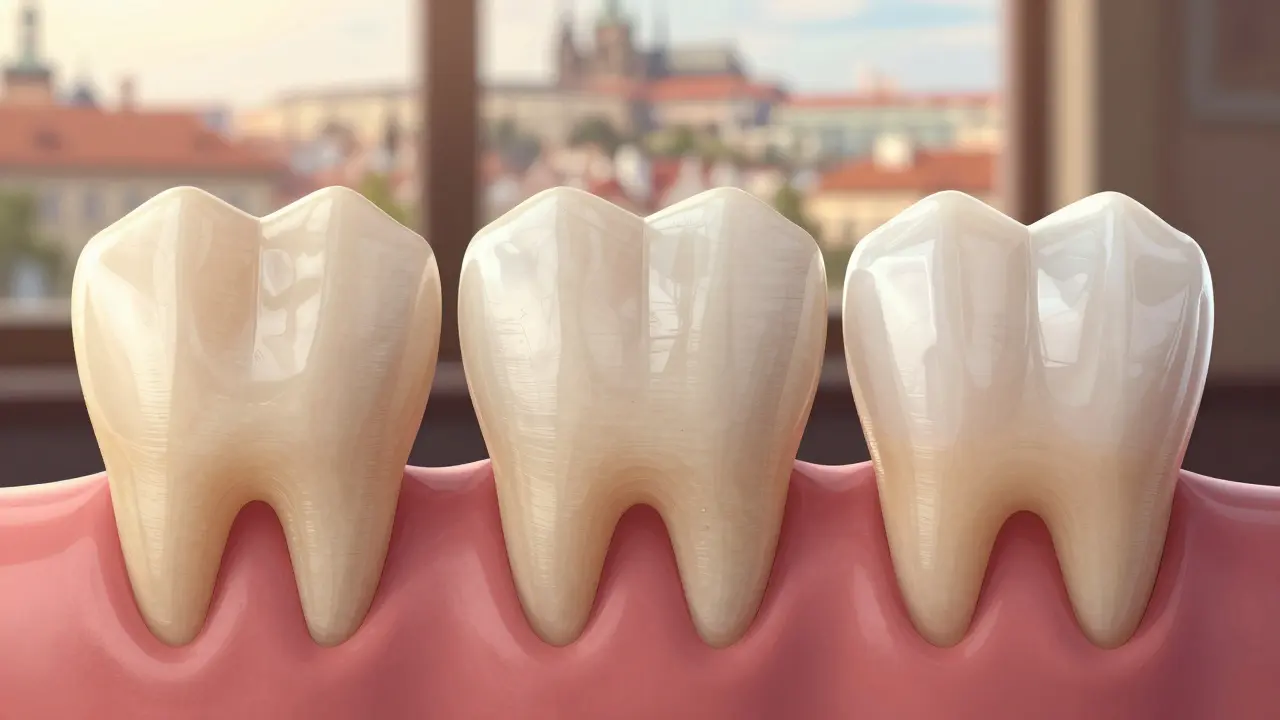 Srovnání tří předních zubů: přirozený, bělený a s kompozitní fazetou, v teplém osvětlení.