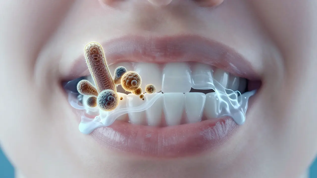 Srovnání zdravého a infikovaného zubního tkaniva s přehledem bakterií v plaku a zubním kameni.