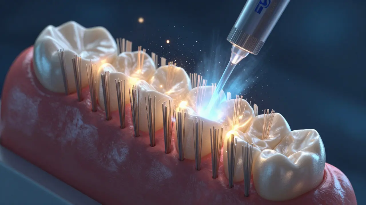 Technologie IPS políruje povrch zubu jemnými štětinami, odstraňujíce plak mikroskopickými pohyby.