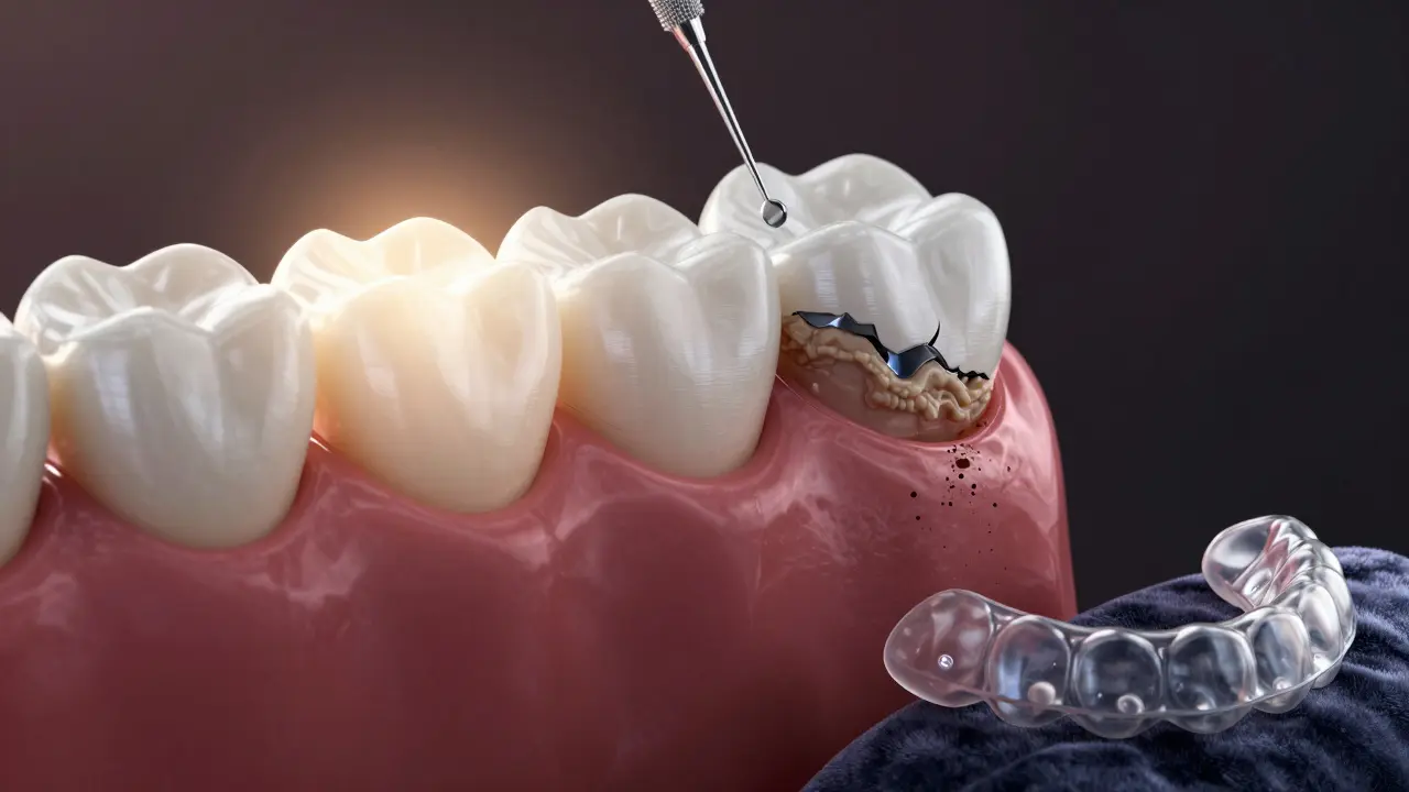 Transparentní fazeta s ukrytým poškozením pod ní a nočním štítem.