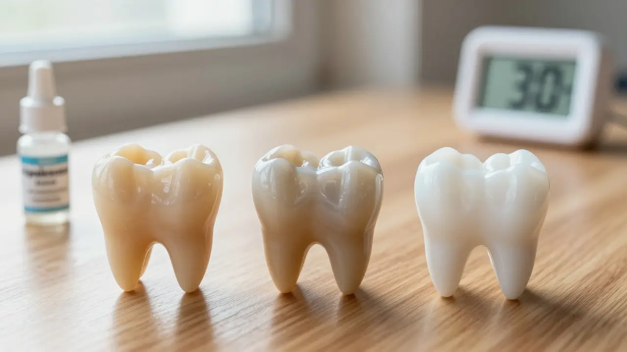 Tři zuby v různých fázích bělení: žlutý, šedý a jasně bílý, s bělicím gelem a časovačem.