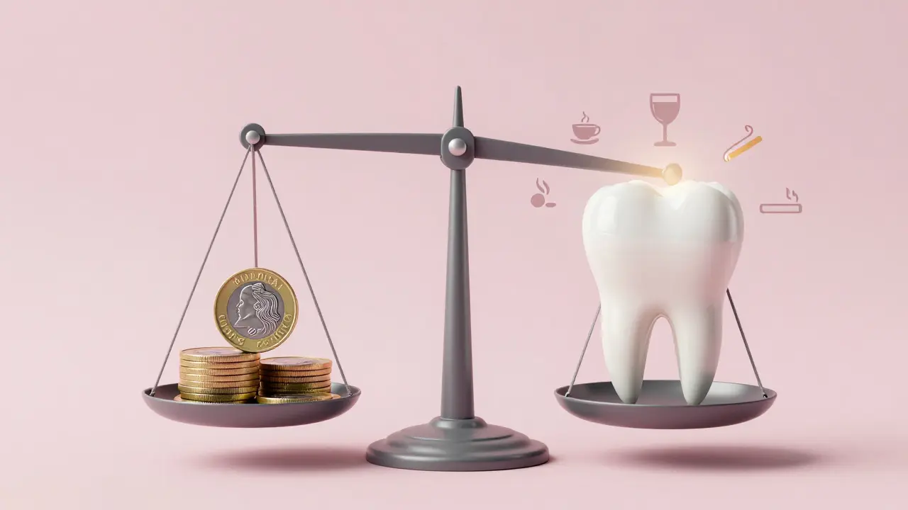 Váha s mincemi a leskou fazetou, symbolizující dlouhodobou hodnotu estetické úpravy zubů.