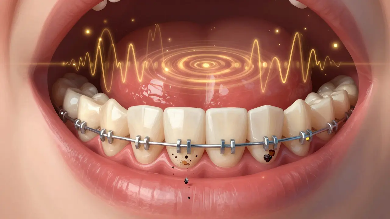 Vnitřní pohled do úst, kde ultrazvukové vlny odstraňují zubní kámen pod dásně a mezi dráty.