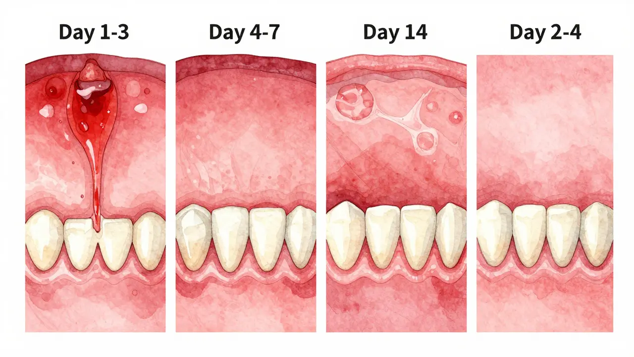 Vývoj zdravých dásní ve čtyřech fázích po léčbě parodontitidy.