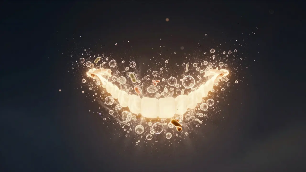 Zářivý úsměv složený z mikroskopických bublinek, symbolizujících čistotu a zdraví zubů.