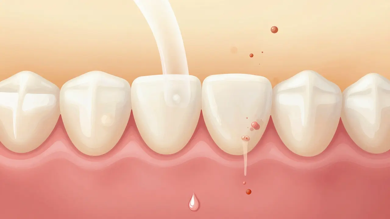 Zdravějící dásně s jemnými zbytky zubního kamene během hojení.