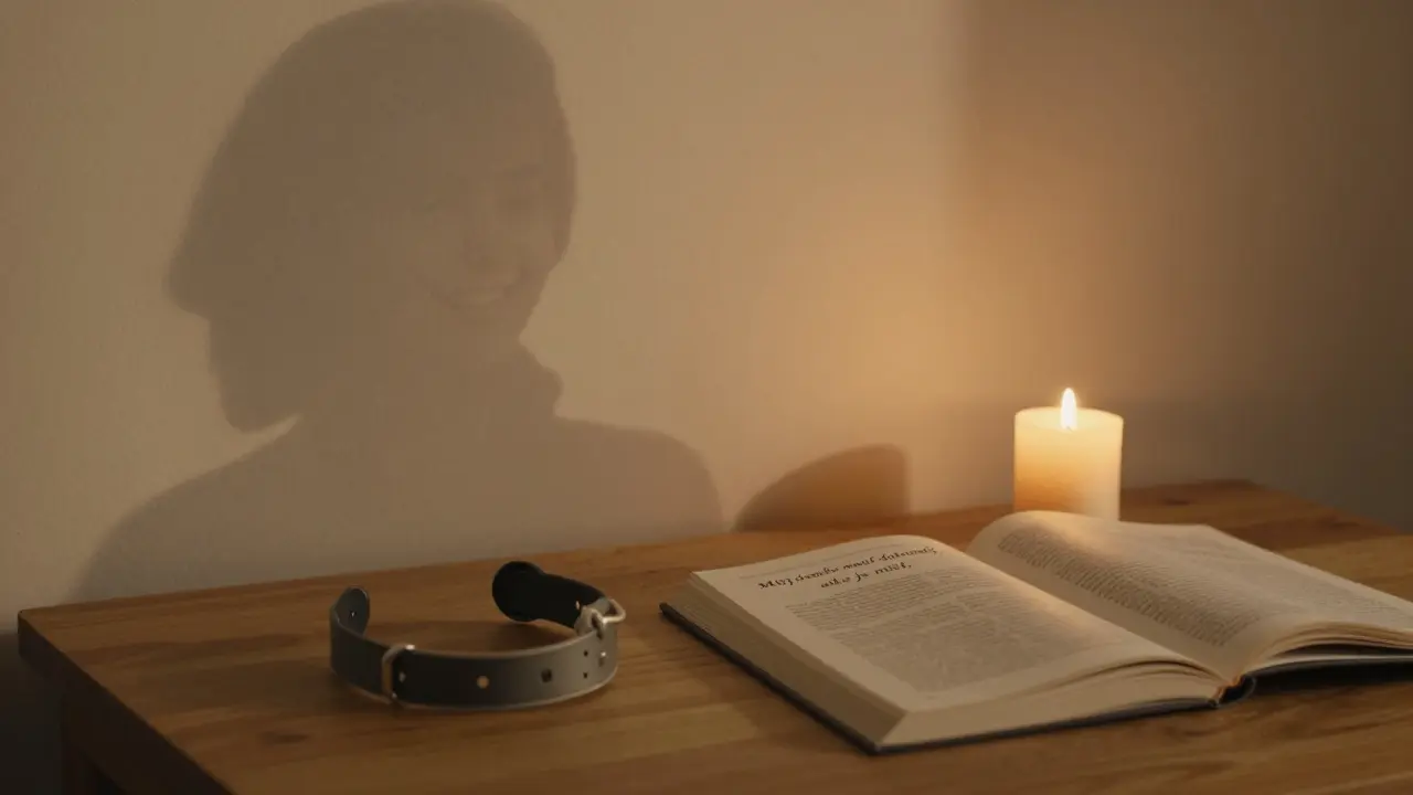 Zubní dráty a deník s větou 'Můj úsměv není dokonalý, ale je můj.' leží vedle svíčky v klidném prostředí.