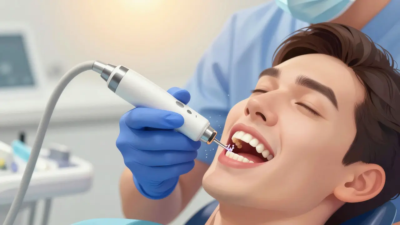 Zubní hygienistka odstraňuje zubní kámen ultrazvukovým čističem během preventivní návštěvy.