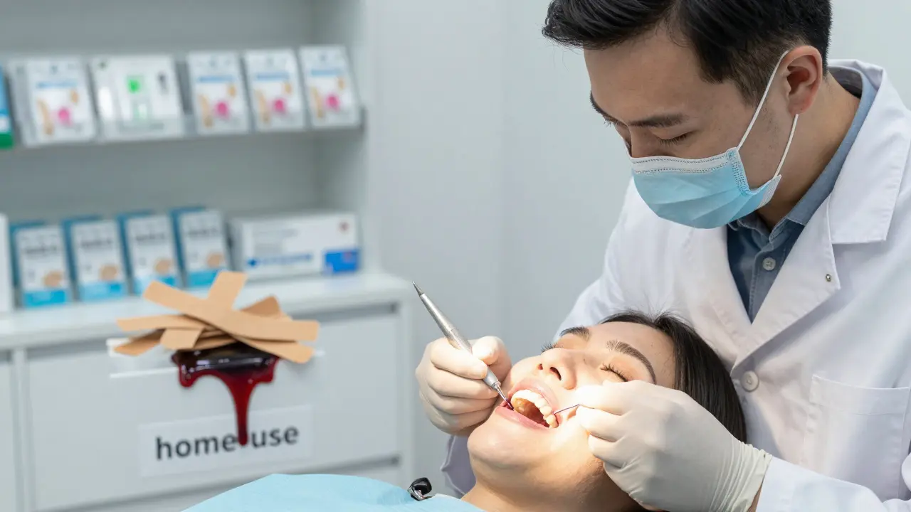 Zubní lékař provádí profesionální bělení, zatímco bělicí pásky se rozpouštějí jako nebezpečný odpad.