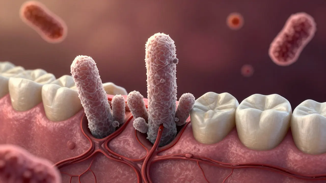 Bakterie a minerální nános pod dásní, zobrazené jako krystalické struktury v obklopujícím zánětu.