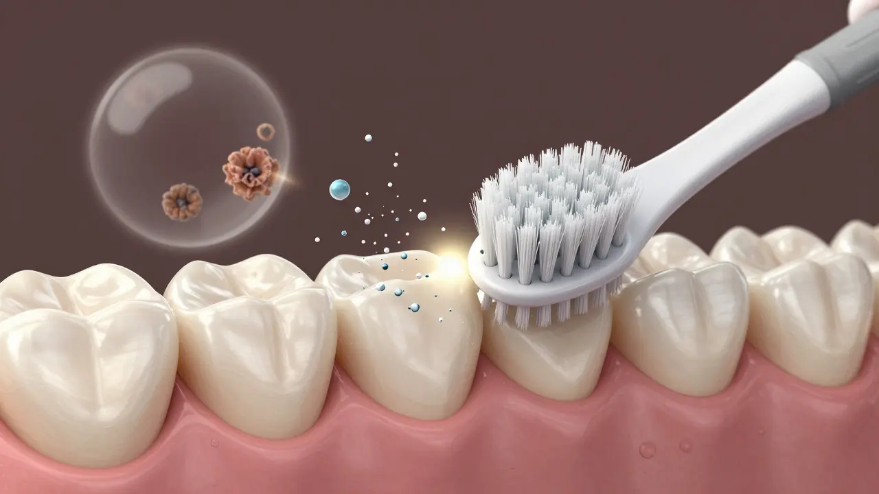 Čistý zub s fluoridem pronikajícím do skloviny, zatímco se odstraňuje plak.