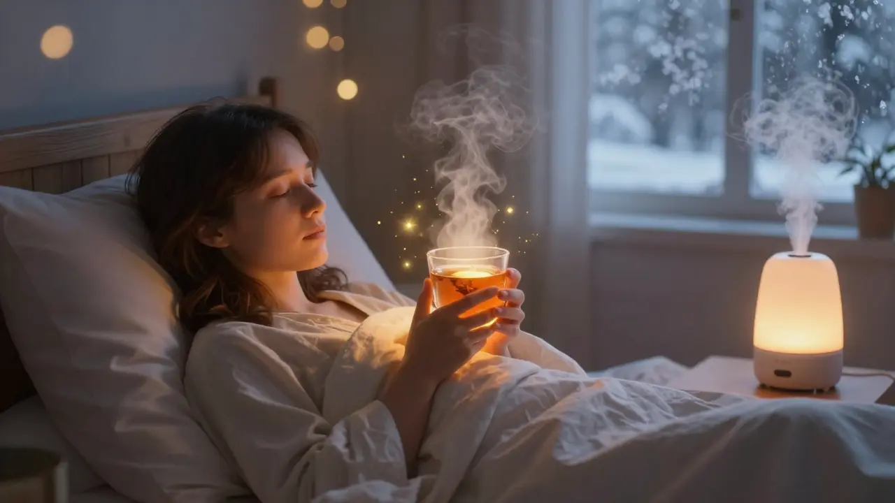 Člověk odpočívá v posteli s teplým čajem a vlhčičem vzduchu v pozadí.