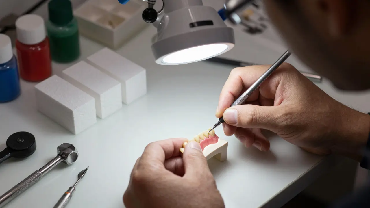 Dental technician hand-finishing a ceramic dental bridge with precision tools.