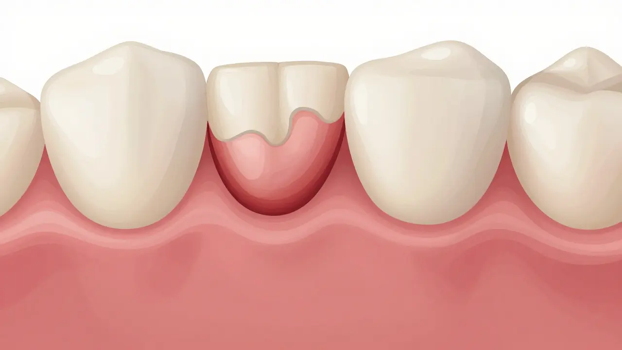 Detailní anatomický obrázek dlouhodobě nehojící se rány na dásni.