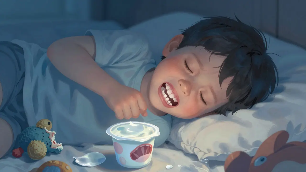 Dítě na podlaze s hračkami a chladným jogurtem, s transparentními zuby prořízejícími se dásními, symbolizujícími bolest růstu.