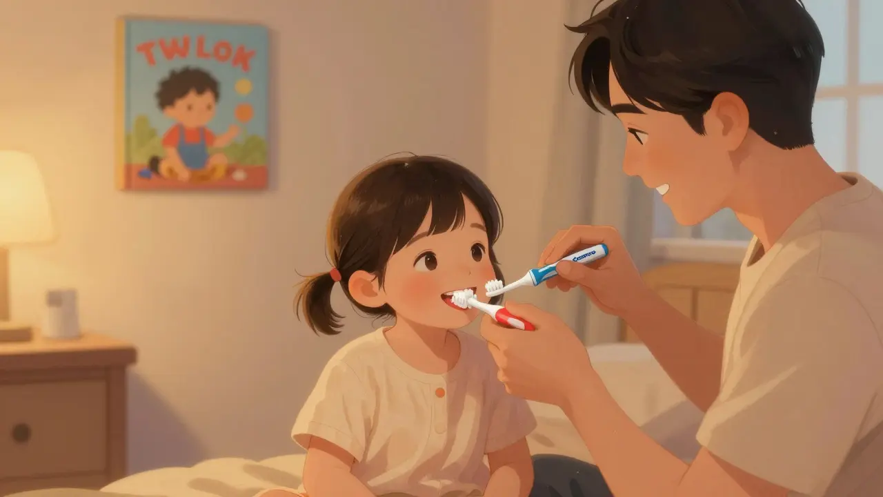 Dva rodiče společně čistí zuby dítěti večer s malým množstvím fluoridové pasty.