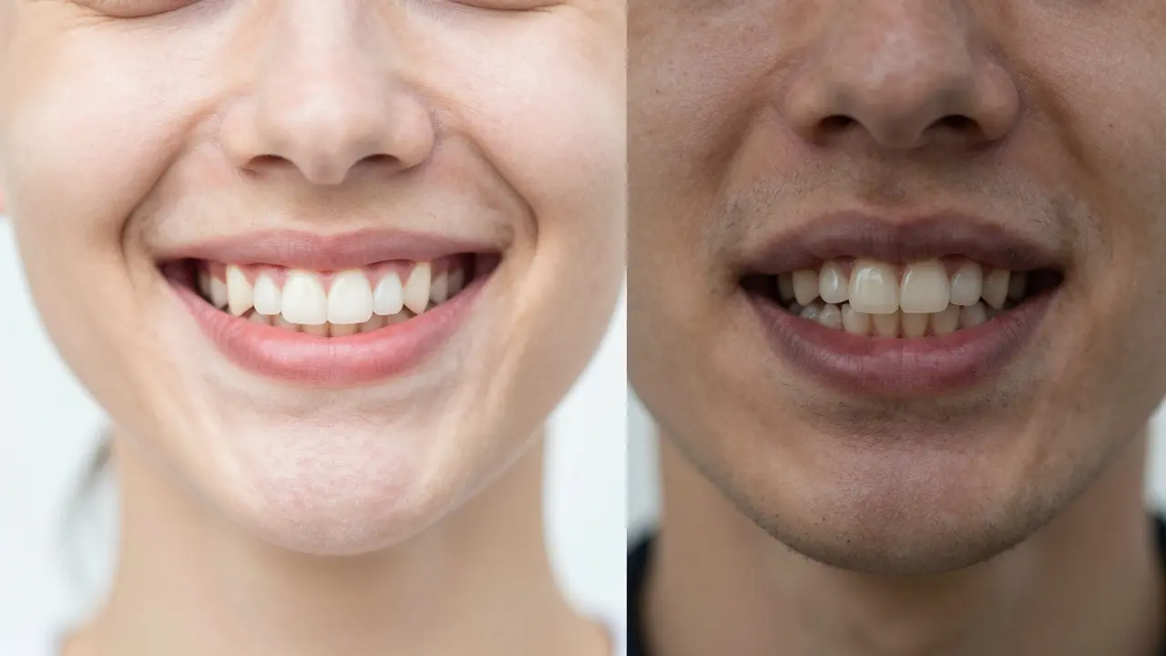 Dvě strany úst: zdravé proti postiženým zubům s kamenem pod dásní.