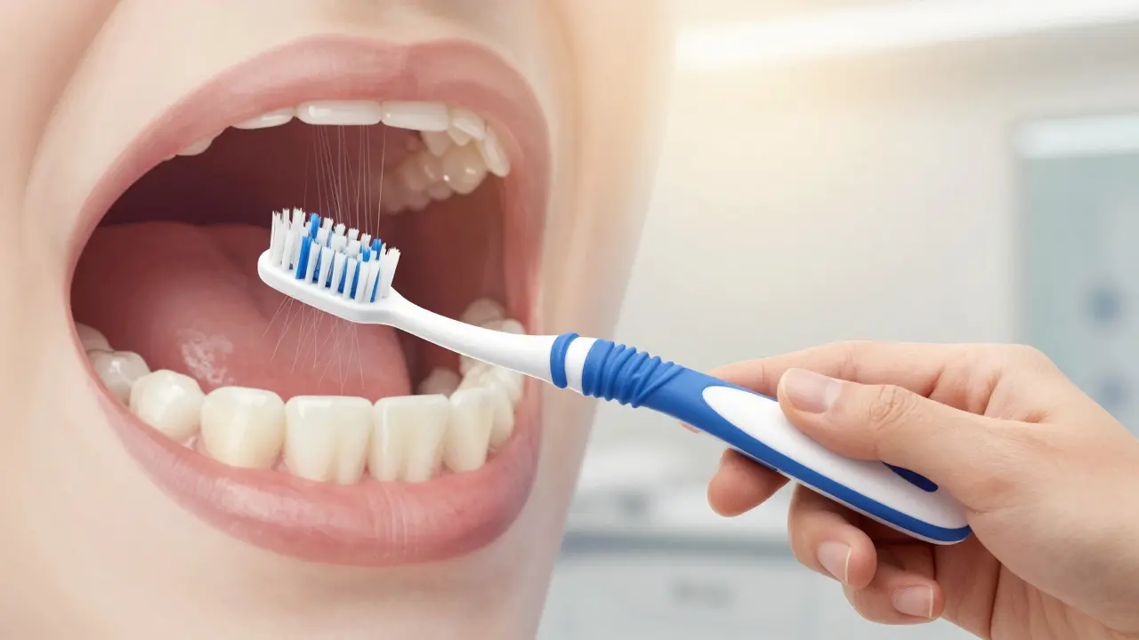 Ergonomický držák zubního kartáčku Curaprox v ideálním úhlu 45 stupňů k dásním.