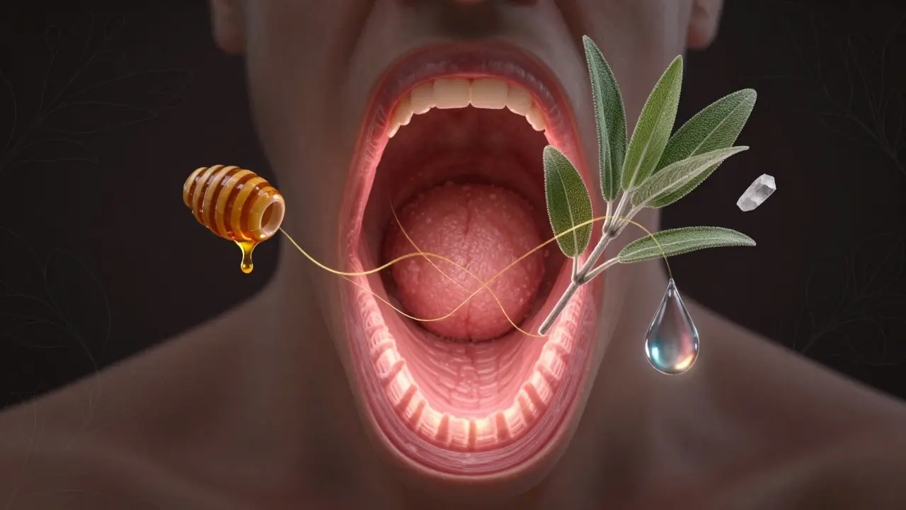 Illuminovaný hltan s přirozenými prvky jako med, sůl a šalvěj, symbolizující léčbu.