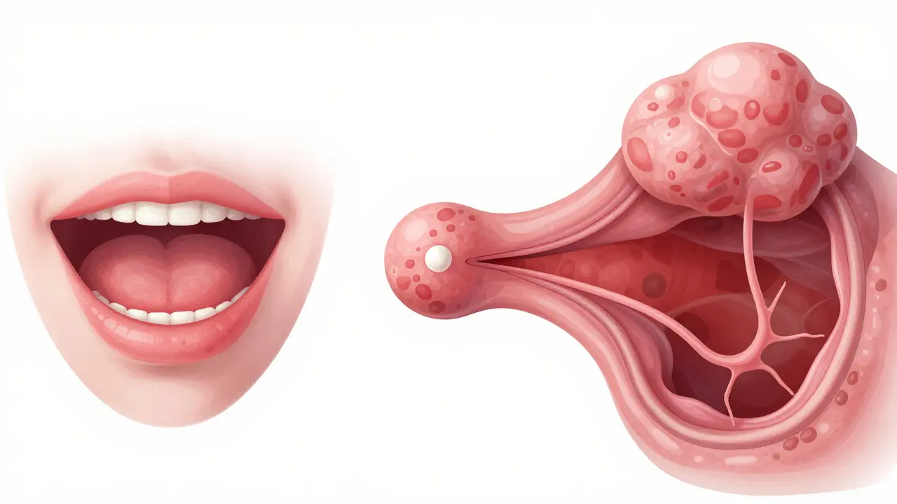 Koncepční ilustrace postupného růstu nádoru v ústech od zdravé tkáně k invazivnímu onemocnění.