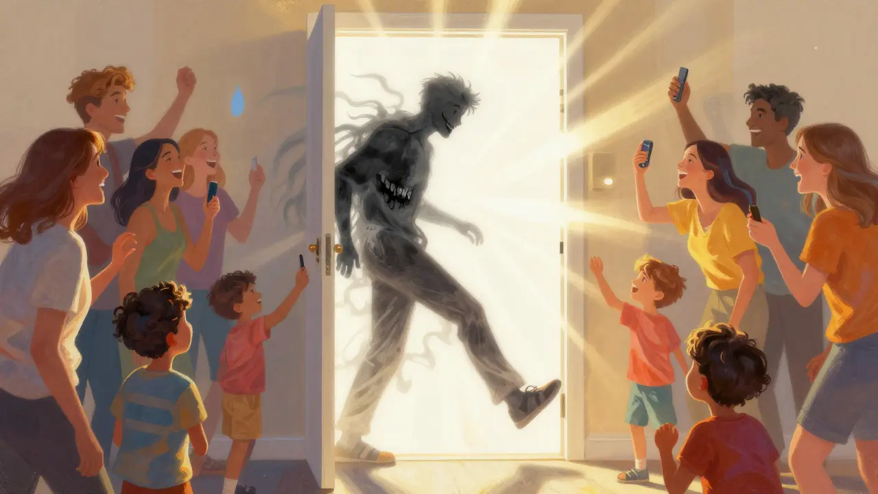 Konceptuální obraz osoby vstupující do světla symbolizujícího sebevědomí, za ní tmavé stíny zubů.