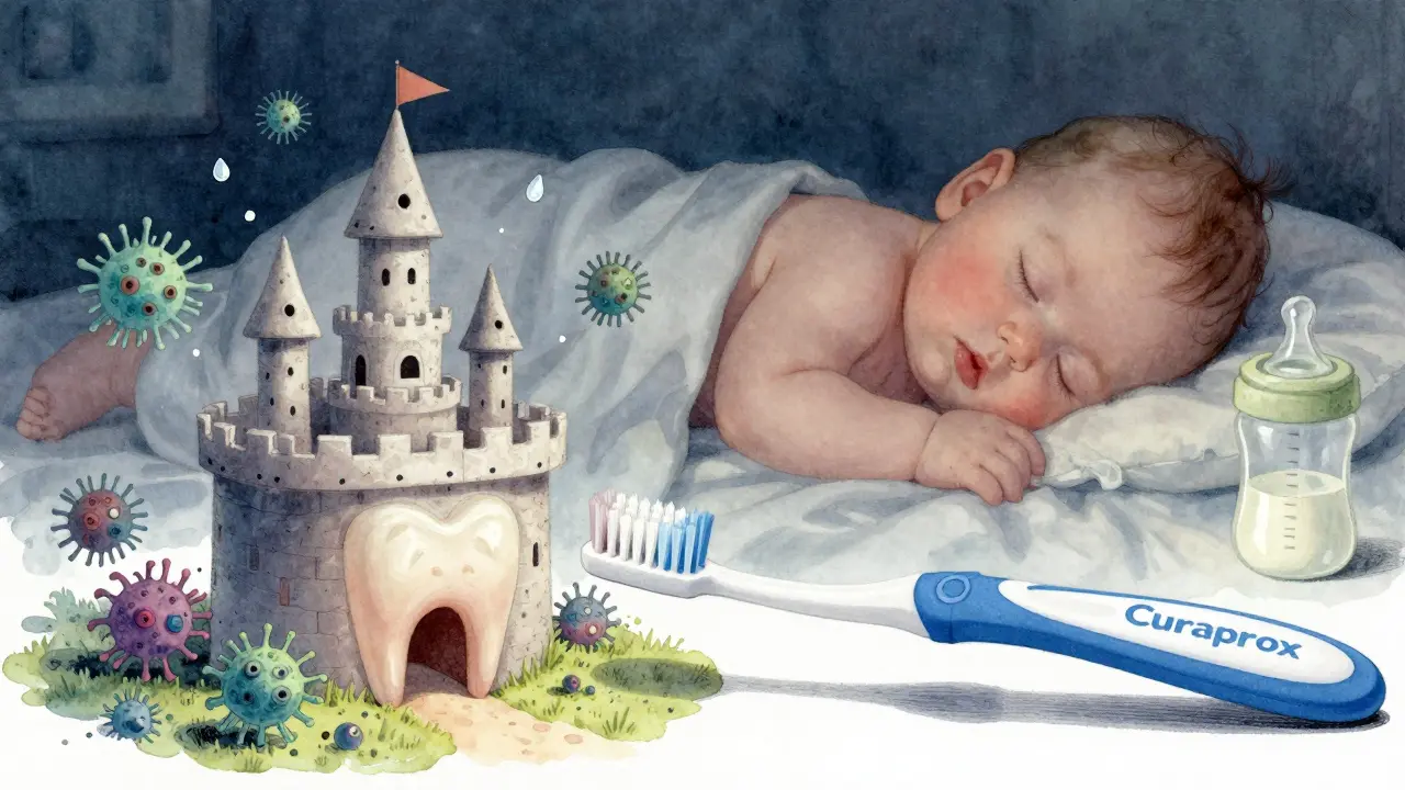 Konceptuální obrázek zubu jako hradu chráněného jemným kartáčkem proti bakteriím.