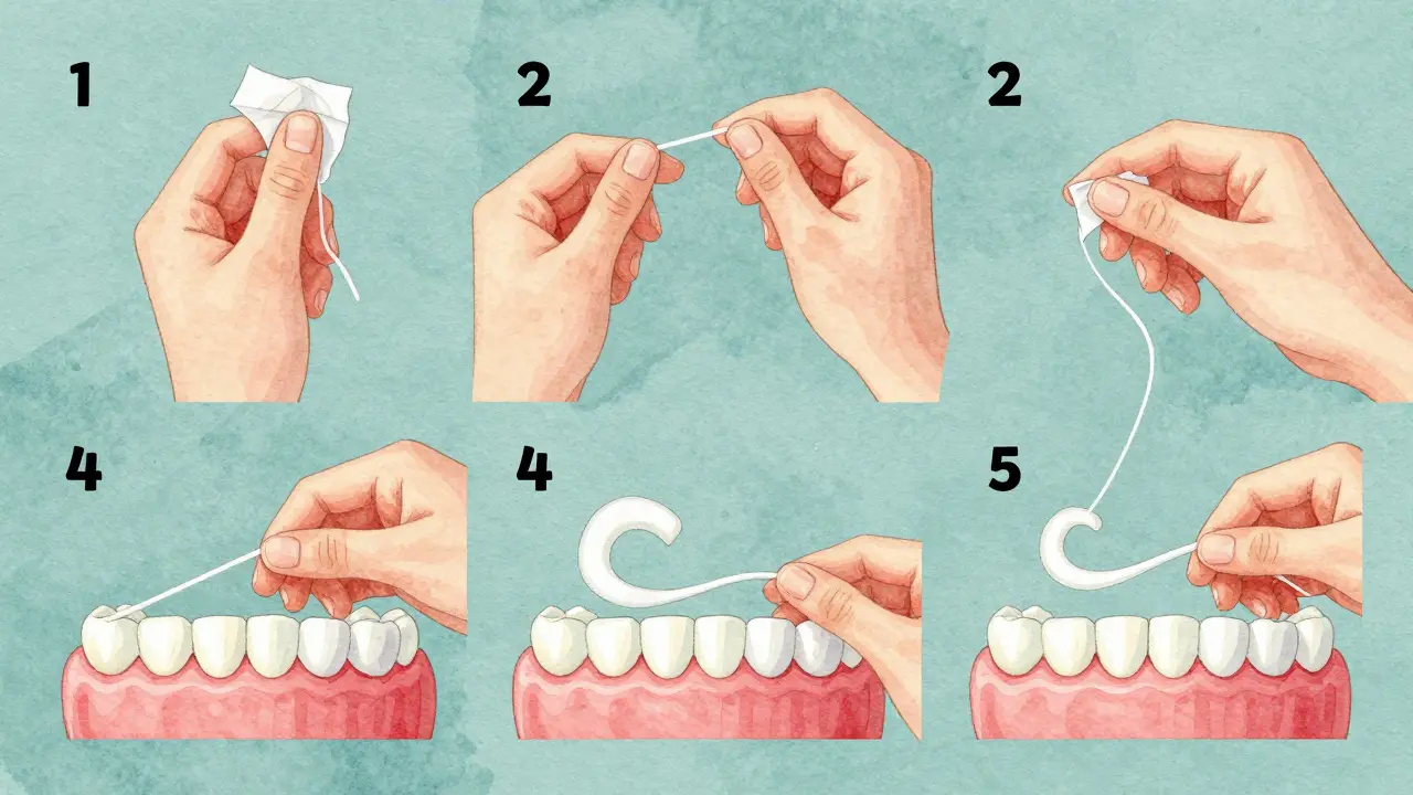 Kroky správného používání zubní niti v jemném vodové barvě: obalení, napnutí, vložení, ohnutí a použití čistého úseku.