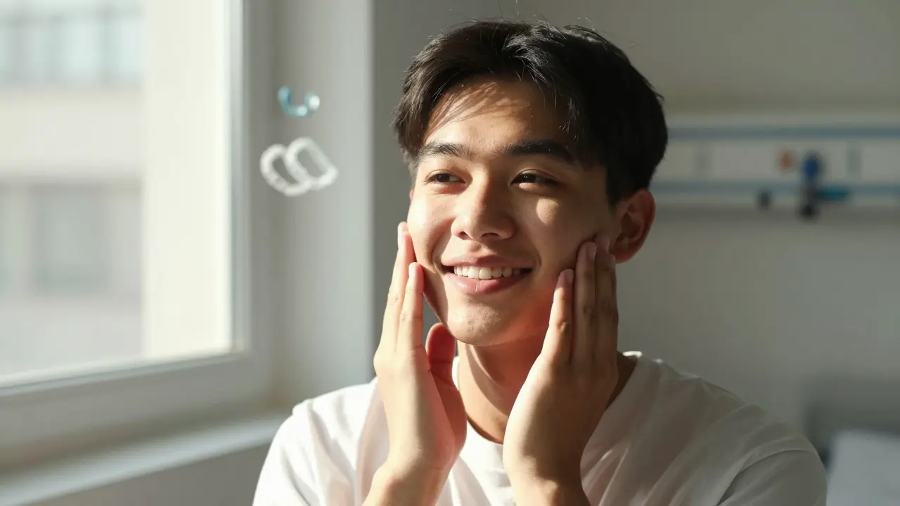 Muž se širokým úsměvem při doteku čelisti, světlo z okna zdůrazňuje změnu výrazu a symetrie obličeje.