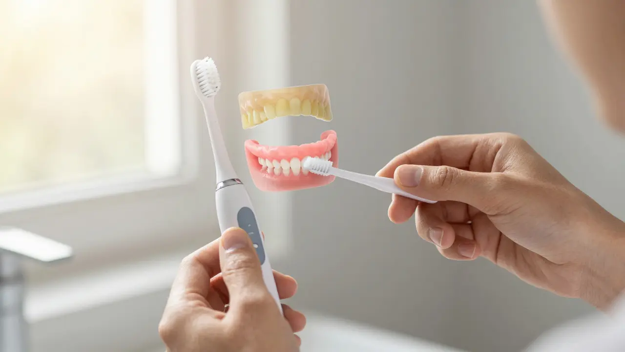 Osoba používá elektrický kartáček a zubní nitě, s průhledným zobrazením skrytého kameně pod dásní.