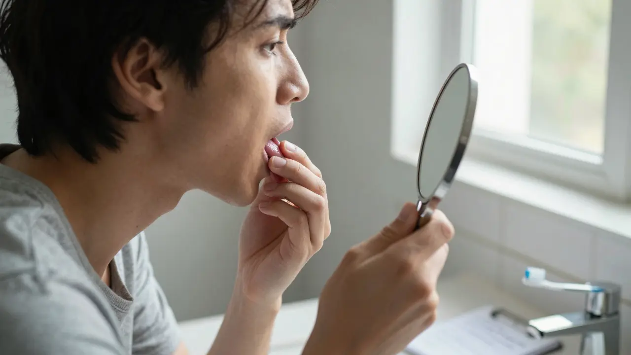 Osoba se dívá do zrcátka a pečlivě prohlíží vnitřek úst v osvětlené koupelně.