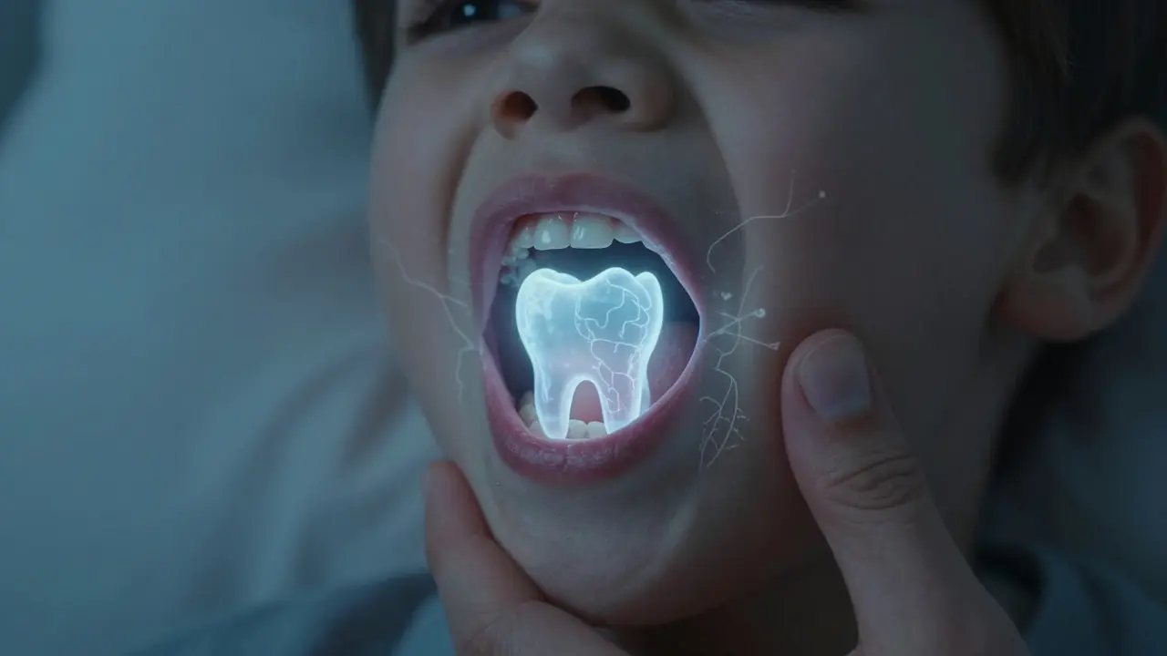 Pohled do úst dítěte, kde se zub prořízá dásní, zatímco rodič jemně masíruje čelist, přírodní osvětlení.