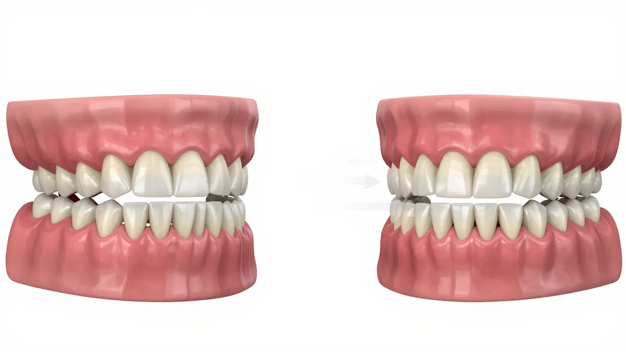 Porovnání 3D skenu zubů před a po ortodontické léčbě, ukazující postupné zarovnání.