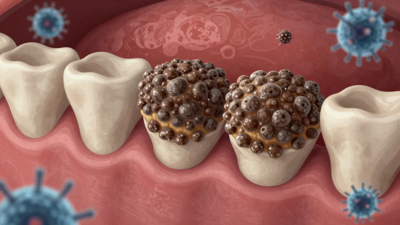 Přehled mineralizace plaku pod dásní s inflamovanými tkáními a ztrátou kosti.