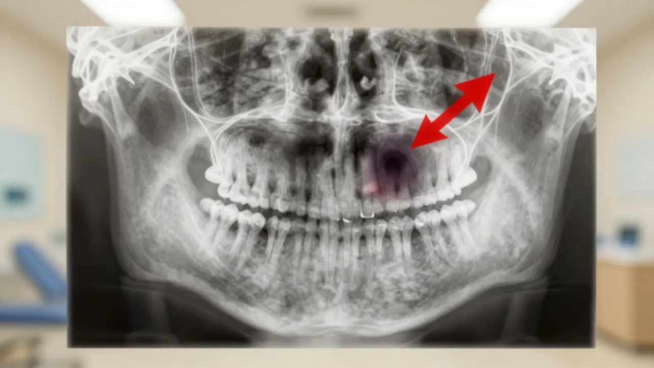 Rentgen čelisti s ukázkou infekce v kořeni zubu