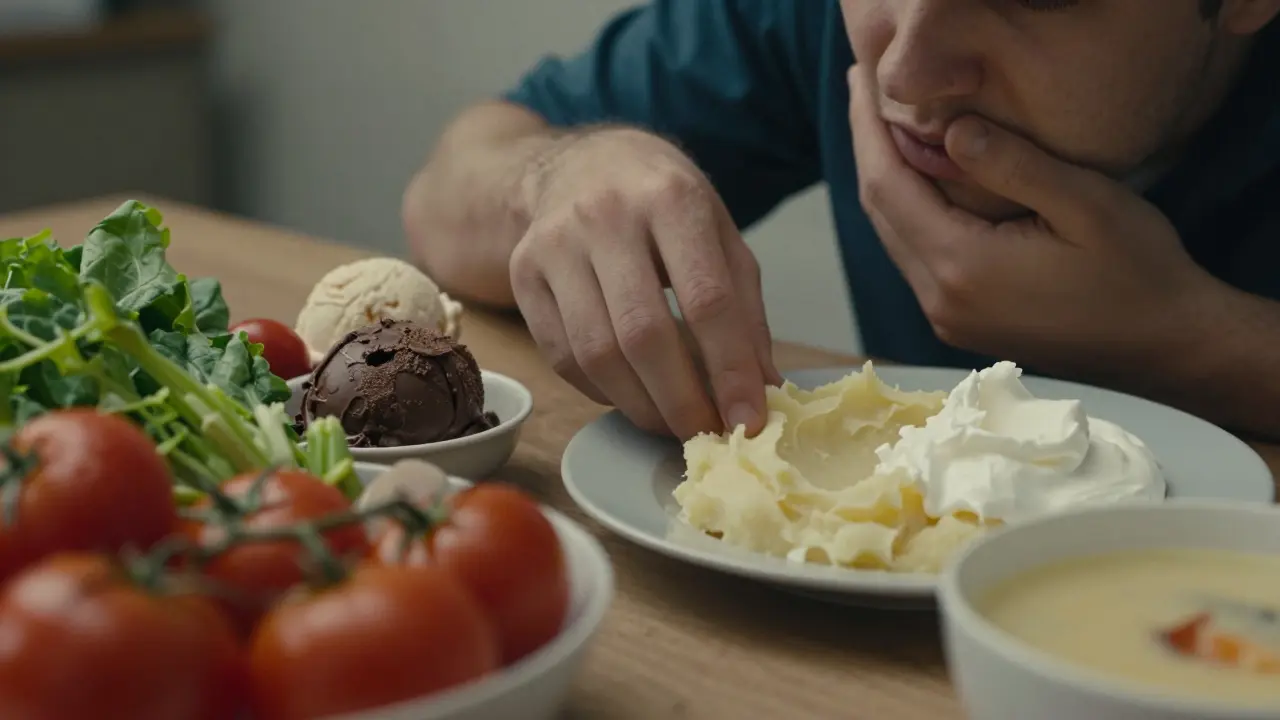 Rozdělená obědová scéna: zdravá jídla na jedné straně, jen měkké alternativy na druhé.