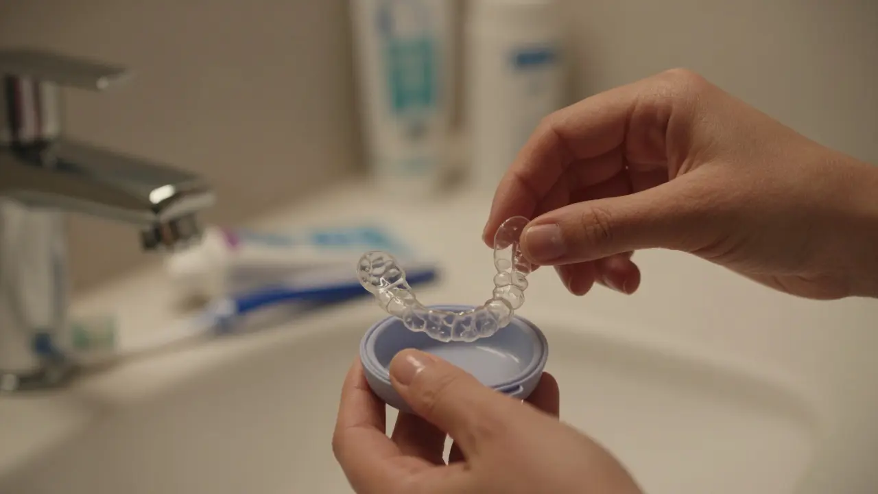 Ruce odstraňují průhledná rovnátka z malého skladovacího boxu ve večerním osvětlení.