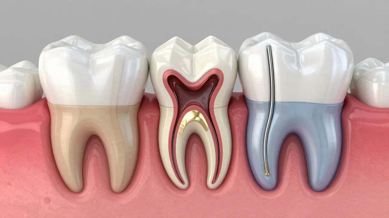 Schéma vrstev zubu s léčebnými materiály