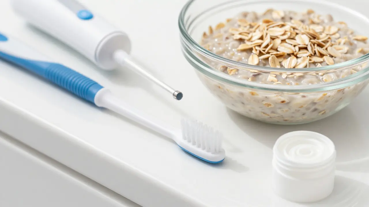 Speciální kartáčky a vosk pro péči o rovnátka na stole