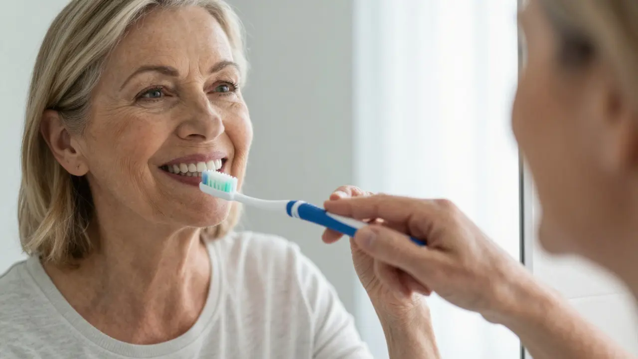 Stará žena s příjemným výrazem čistí si zuby kartáčkem Curaprox s přirozeným úchopem.