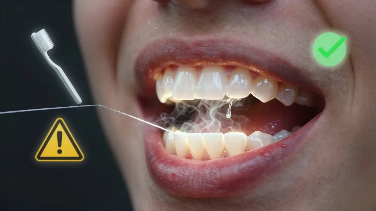 Stylizovaný pohled do úst s plakem, který zubní nit odstraňuje, zatímco kolem plavou symboly péče o zuby.