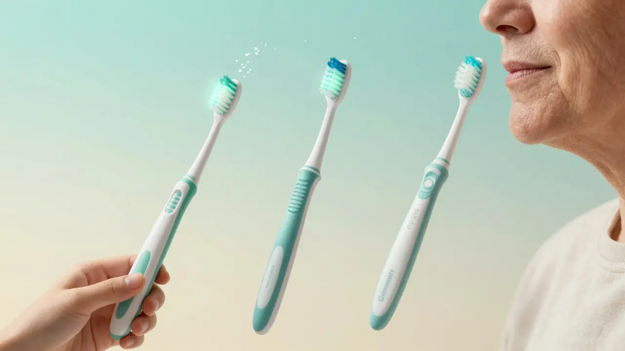 Tři modely kartáčků Curaprox ve vývojovém prostředí, symbolizující péči pro děti, dospělé a citlivé dásně.