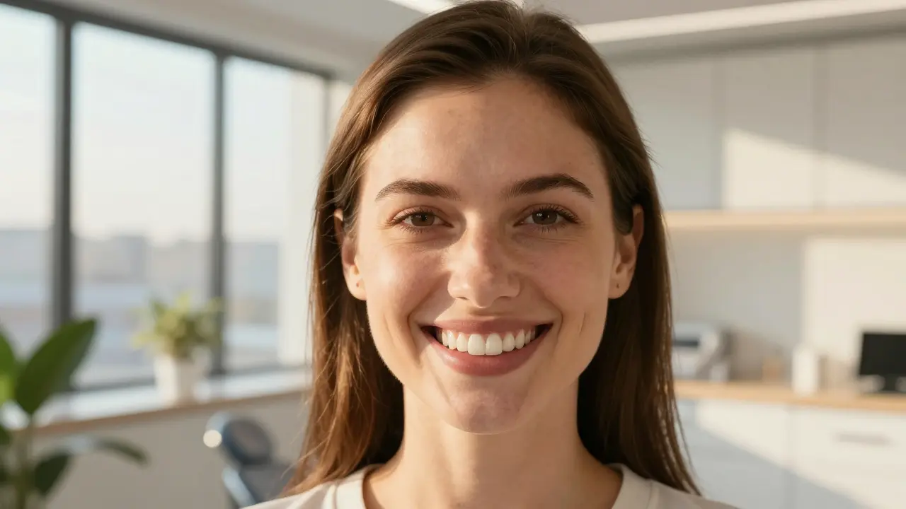 Úsměv pacienta s estetičnou fazetou v ordinaci
