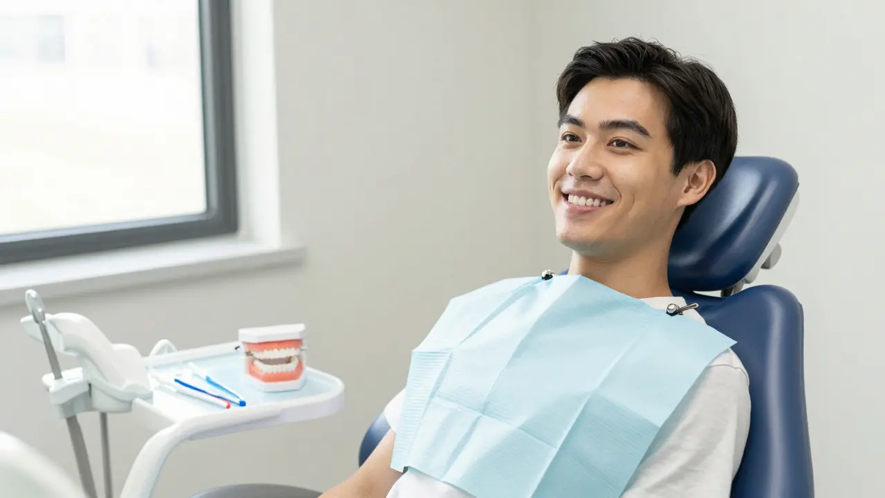 Usměvavý pacient drží kartáček k čištění mezi zuby