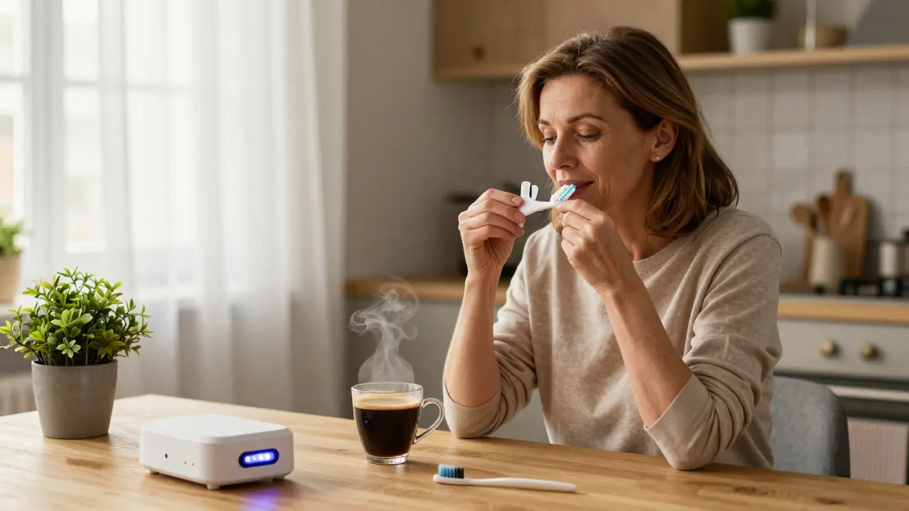 Žena aplikuje bělící gel na zuby pomocí přizpůsobených šablon v kuchyni s přírodním osvětlením.